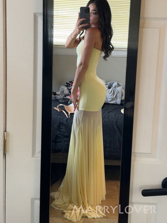 See Through Yellow Sheath Mermaid Strapless Long Evening Prom Dresses, MR9480