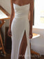 White Mermaid High Slit Bateau Long Evening Prom Dresses, Strapless wedding Dress, MR9483