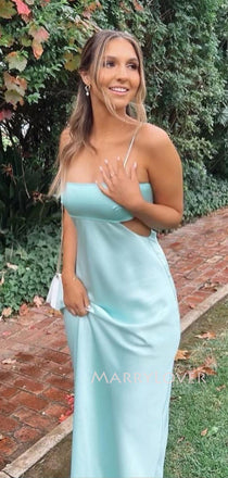 Simple Spaghetti Straps Blue Satin Mermaid Long Evening Prom Dresses, MR9486