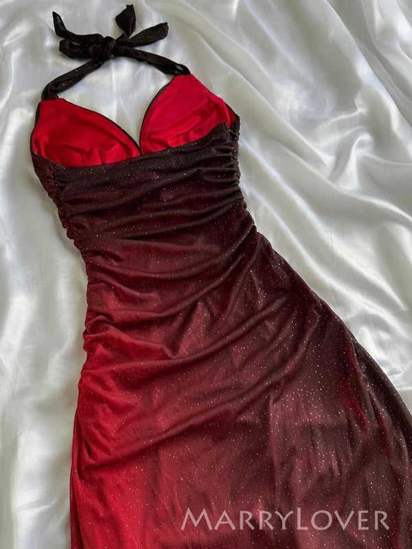 Sparkly Dark Red V-neck Long Evening Prom Dresses, MR9490