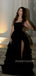 A-line Black Bateau High Slit Long Evening Prom Dresses, MR9492