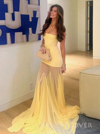 Gorgeous Yellow Tulle Mermaid Long Evening Prom Dresses, Strapless Prom Dress, MR9495