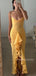 Spaghetti Straps Yellow Tulle Mermaid Long Evening Prom Dresses, V-neck Prom Dress, MR9496