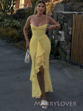 Sexy Yellow Tulle Spaghetti Straps Mermaid Long Evening Prom Dresses, MR9499