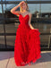 Formal A-line Red Tulle V-neck Long Evening Prom Dresses, MR9500