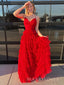 Formal A-line Red Tulle V-neck Long Evening Prom Dresses, MR9500