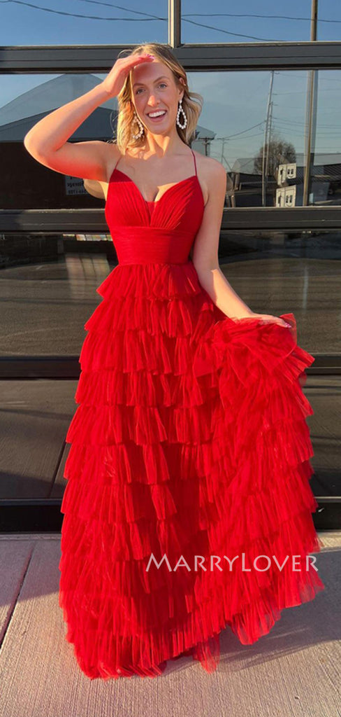 Formal A-line Red Tulle V-neck Long Evening Prom Dresses, MR9500