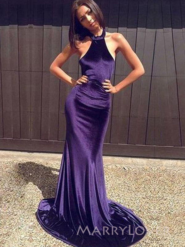 Purple Velvet Mermaid Halter Long Evening Prom Dresses, MR9501