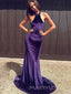 Purple Velvet Mermaid Halter Long Evening Prom Dresses, MR9501