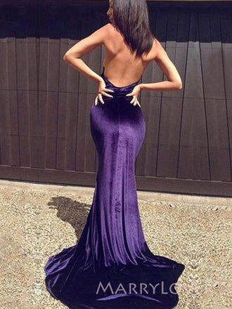 Purple Velvet Mermaid Halter Long Evening Prom Dresses, MR9501