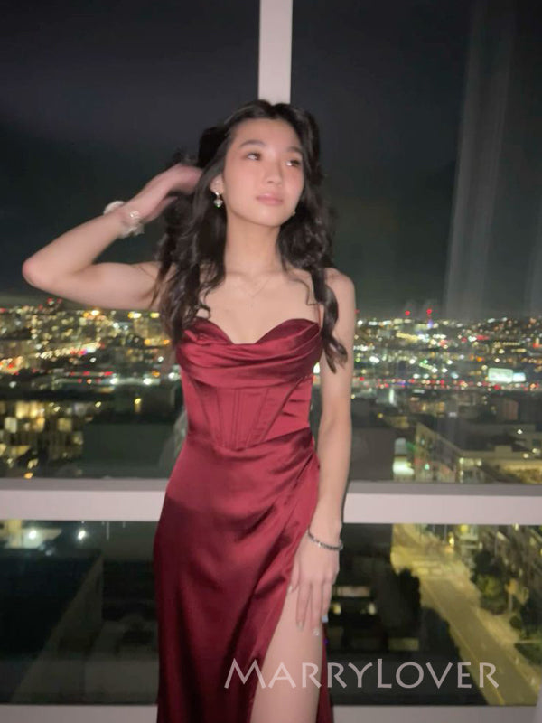 Spaghetti Straps Burgundy Satin Mermaid Long Evening Prom Dresses, MR9503