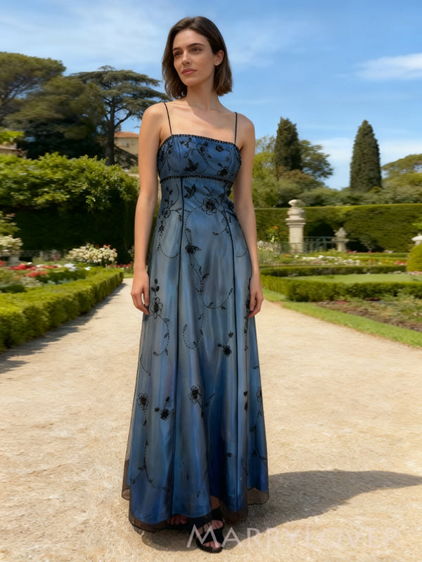 A-line Black Blue Spaghetti Straps Long Evening Prom Dresses, MR9504