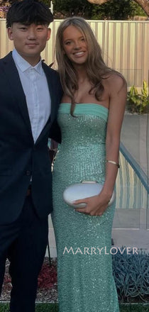 Simple Strapless Sage Green Sequins Mermaid Long Evening Prom Dresses, MR9509