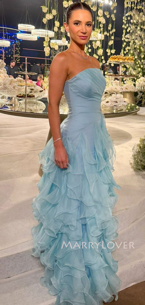 Elegant Strapless Blue Organza Mermaid Long Evening Prom Dresses, MR9510
