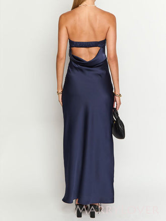 Sexy Backless Navy Blue Satin Mermaid Long Evening Prom Dresses, Strapless Prom Dress, MR9511