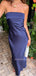 Sexy Backless Navy Blue Satin Mermaid Long Evening Prom Dresses, Strapless Prom Dress, MR9511