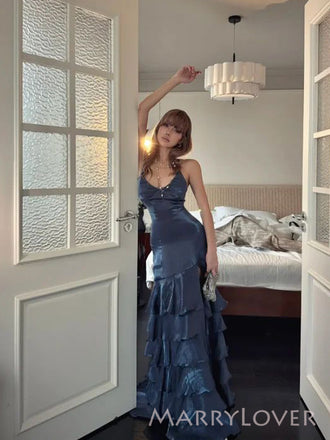V-neck Navy Blue Satin Long Evening Prom Dresses, Mermaid Prom Dress, MR9512