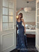 V-neck Navy Blue Satin Long Evening Prom Dresses, Mermaid Prom Dress, MR9512