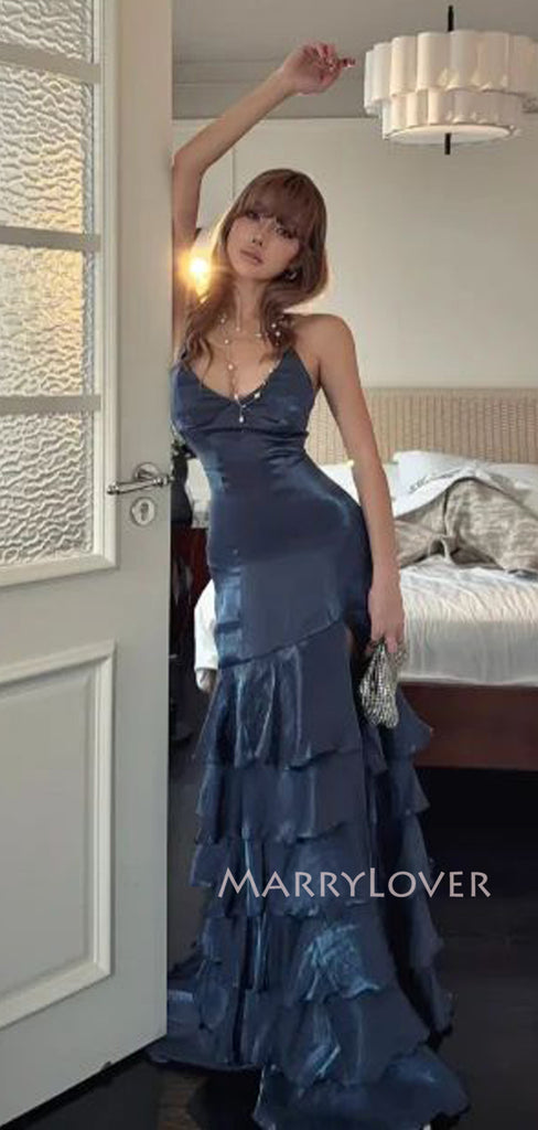 V-neck Navy Blue Satin Long Evening Prom Dresses, Mermaid Prom Dress, MR9512