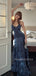 V-neck Navy Blue Satin Long Evening Prom Dresses, Mermaid Prom Dress, MR9512