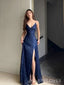Blue Sparkly V-neck Spaghetti Straps Long Evening Prom Dresses, Mermaid Prom Dress, MR9518