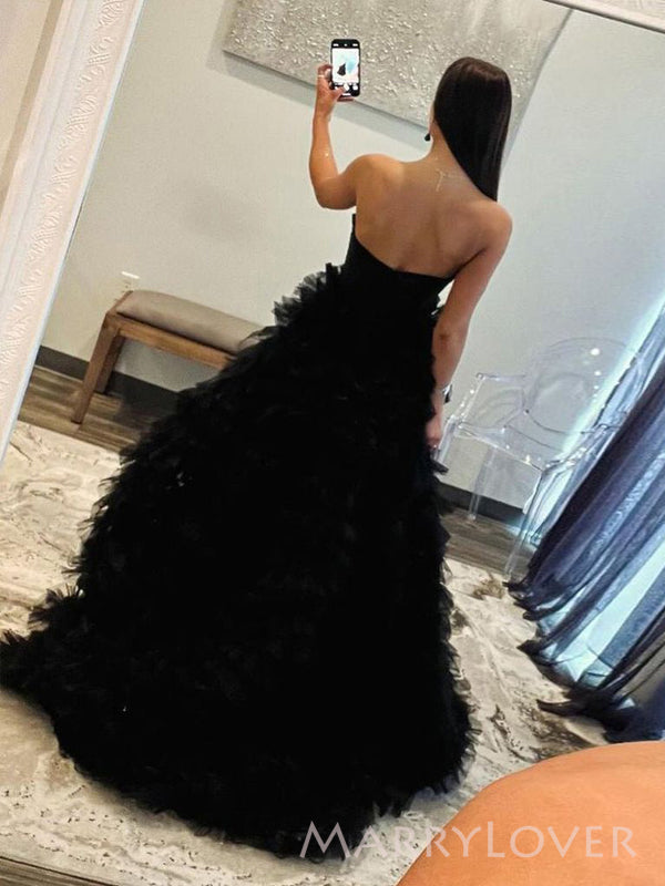 Sweet Heart Black Tulle A-line Long Evening Prom Dresses, High Slit Prom Dress, MR9519