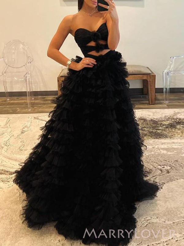 Sweet Heart Black Tulle A-line Long Evening Prom Dresses, High Slit Prom Dress, MR9519