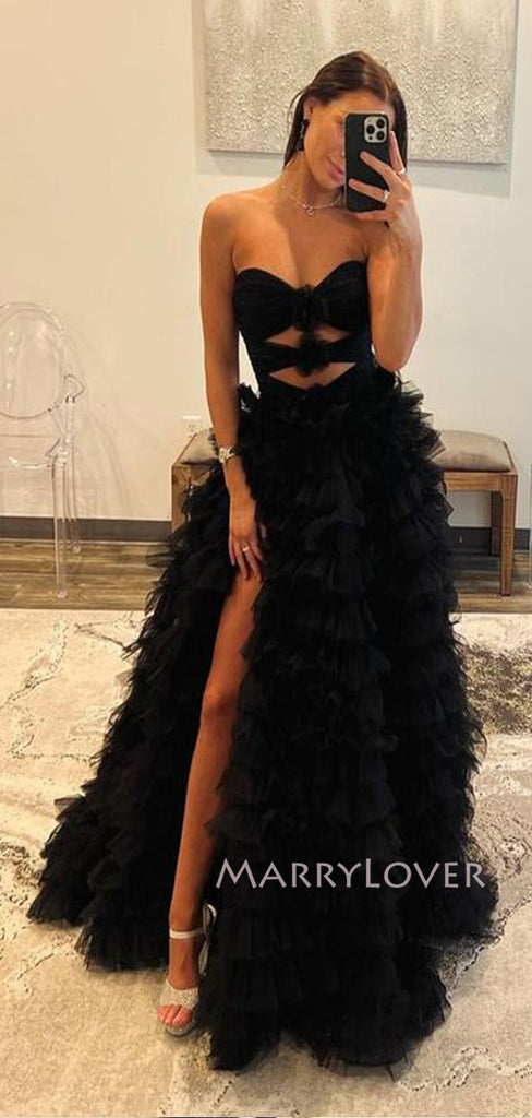Sweet Heart Black Tulle A-line Long Evening Prom Dresses, High Slit Prom Dress, MR9519