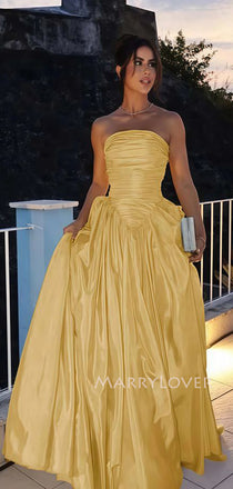 Yellow Satin A-line Strapless Long Evening Prom Dresses, MR9520
