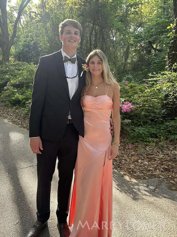 Blush Pink Mermaid Satin Side Slit Long Evening Prom Dresses, MR9525