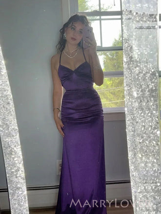 Spaghetti Straps Purple Satin Long Evening Prom Dresses, Mermaid Backless Prom Dress, MR9526