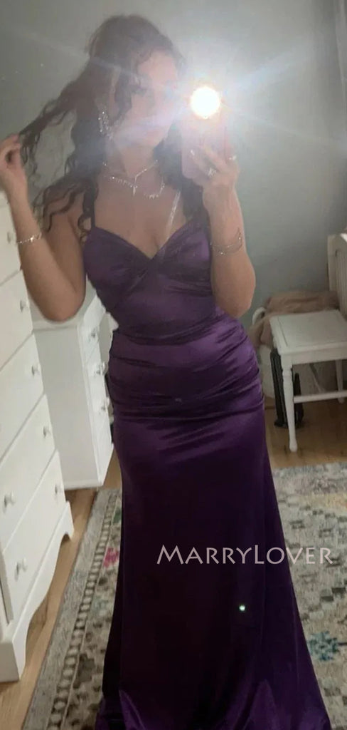 Spaghetti Straps Purple Satin Long Evening Prom Dresses, Mermaid Backless Prom Dress, MR9526