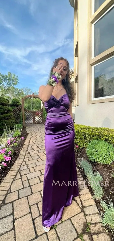 Spaghetti Straps Purple Satin Long Evening Prom Dresses, Mermaid Backless Prom Dress, MR9526