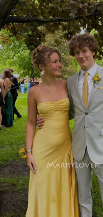Gorgeous Spaghetti Straps Yellow Satin Side Slit Long Evening Prom Dresses, MR9529