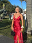 V-neck Red Satin Long Evening Prom Dresses, Side Slit Backless Prom Dress, MR9530