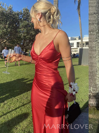 V-neck Red Satin Long Evening Prom Dresses, Side Slit Backless Prom Dress, MR9530