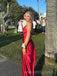 V-neck Red Satin Long Evening Prom Dresses, Side Slit Backless Prom Dress, MR9530