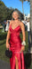 V-neck Red Satin Long Evening Prom Dresses, Side Slit Backless Prom Dress, MR9530