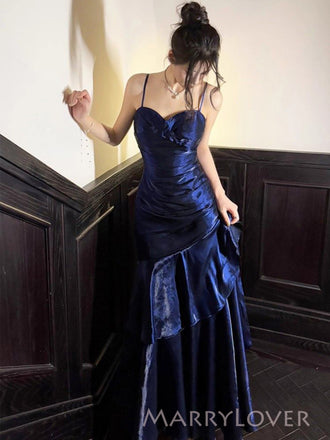 Formal Navy Blue Mermaid Long Evening Prom Dresses, Spaghetti Straps Prom Dress, MR9531