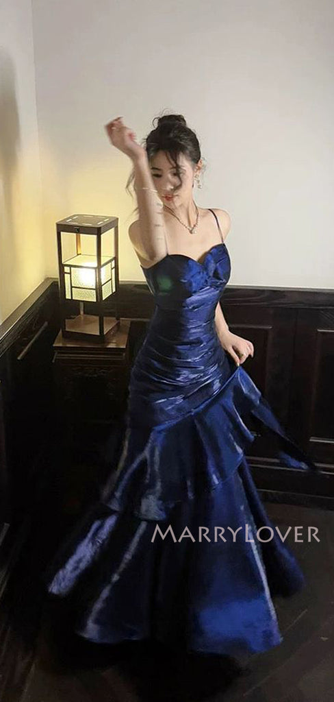 Formal Navy Blue Mermaid Long Evening Prom Dresses, Spaghetti Straps Prom Dress, MR9531