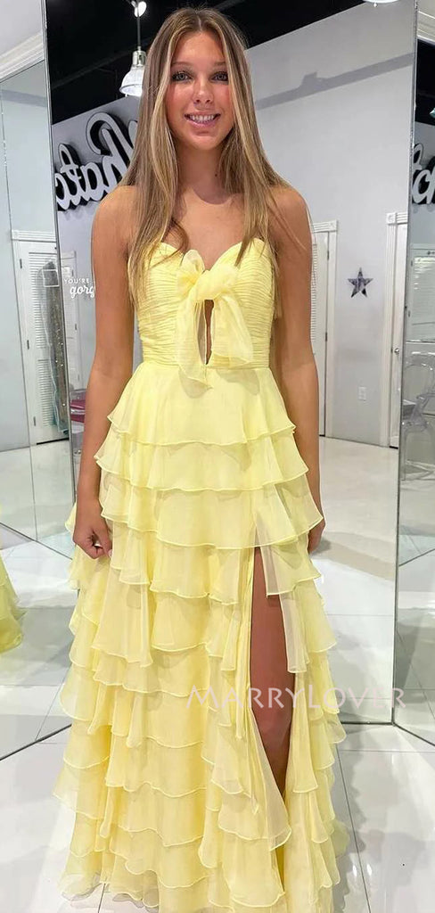 Sweet Heart Yellow Chiffon Long Evening Prom Dresses, Side Slit Prom Dress, MR9534