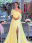 A-line Yellow Chiffon Side Slit Long Evening Prom Dresses, Off Shoulder Prom Dress, MR9535