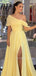 A-line Yellow Chiffon Side Slit Long Evening Prom Dresses, Off Shoulder Prom Dress, MR9535