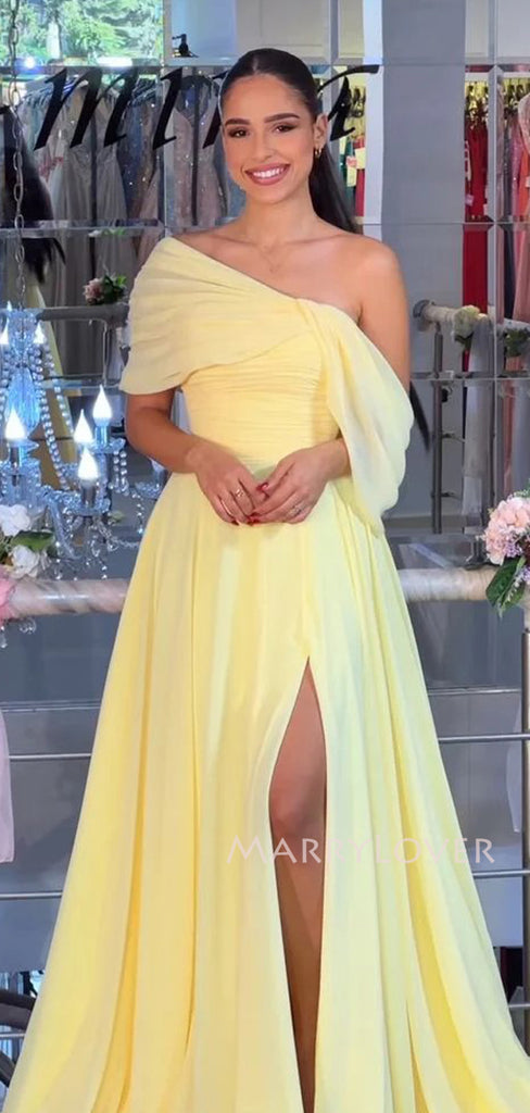 A-line Yellow Chiffon Side Slit Long Evening Prom Dresses, Off Shoulder Prom Dress, MR9535