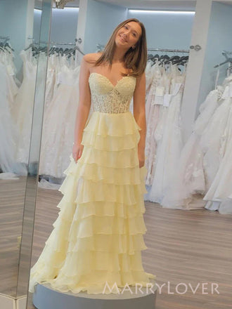Gorgeous Yellow Chiffon Appliques Long Evening Prom Dresses, Sweet Heart Prom Dress, MR9536