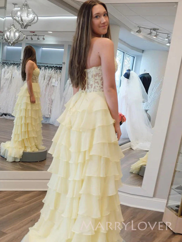Gorgeous Yellow Chiffon Appliques Long Evening Prom Dresses, Sweet Heart Prom Dress, MR9536