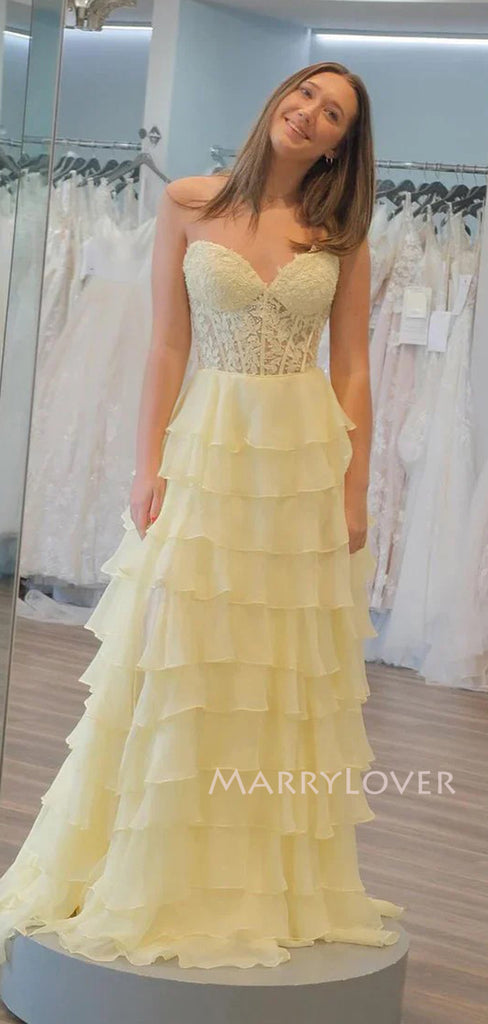Gorgeous Yellow Chiffon Appliques Long Evening Prom Dresses, Sweet Heart Prom Dress, MR9536