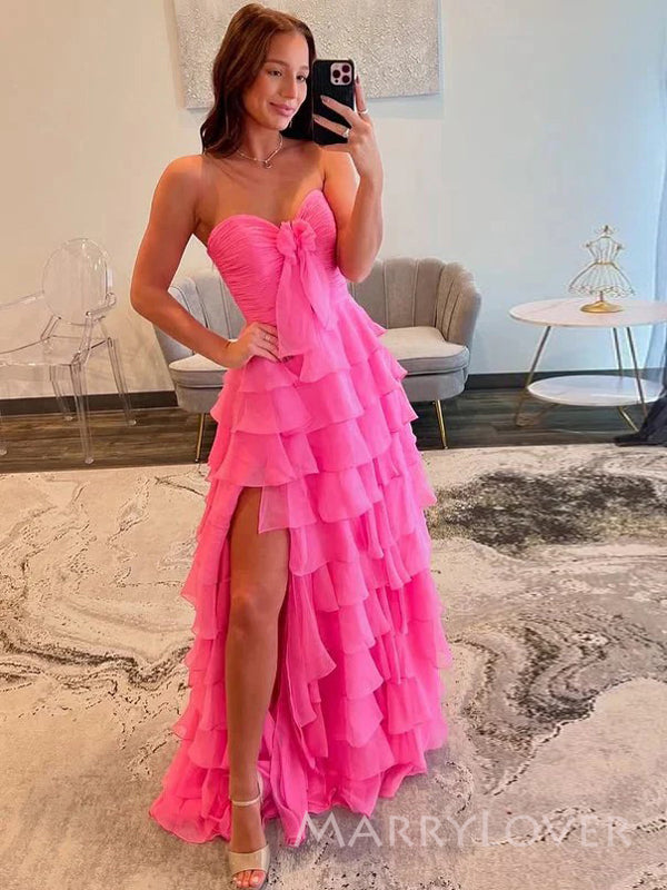 Hot Pink Chiffon Side Slit Sweet Heart Long Evening Prom Dresses, MR9537