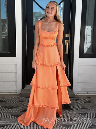Orange Satin Side Slit Straps Long Evening Prom Dresses, MR9538
