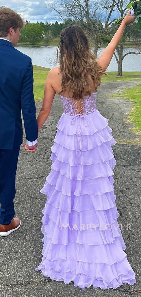 Lovely Purple Chiffon Side Slit Long Sweet Heart Evening Prom Dresses, MR9539